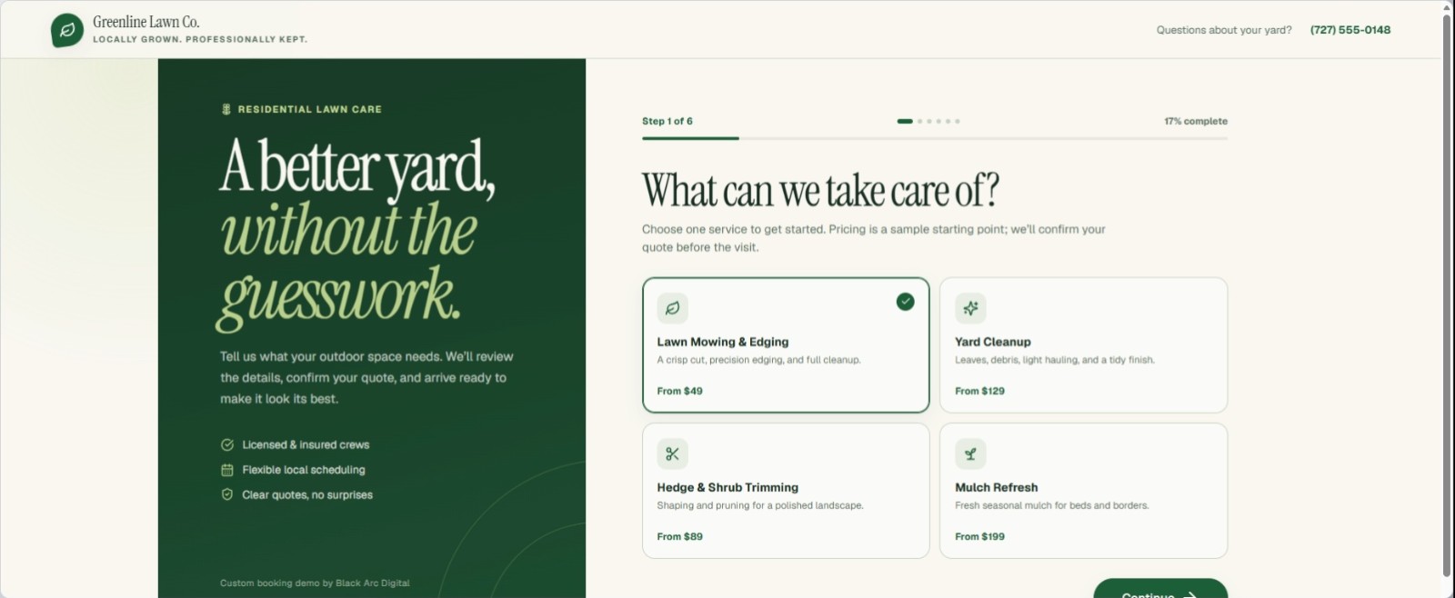 Greenline lawn-care booking demo interface