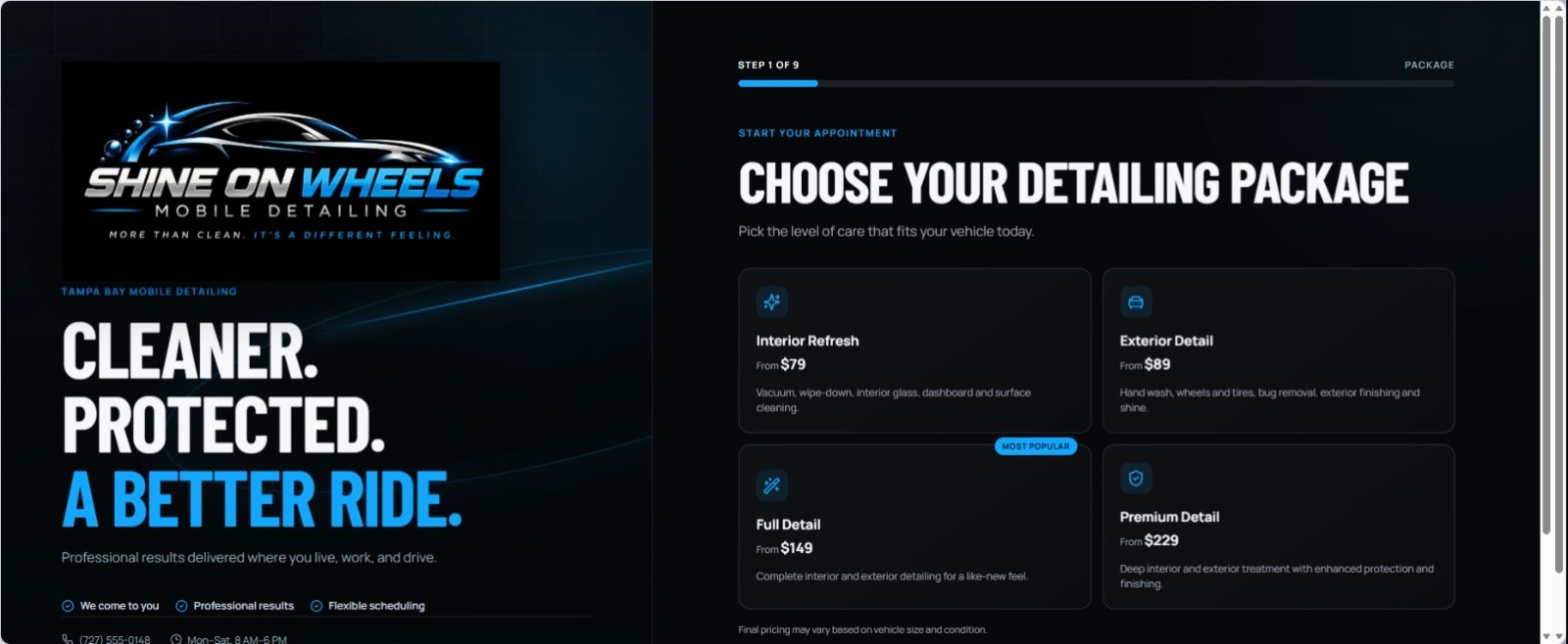 Shine On Wheels detailing booking demo interface