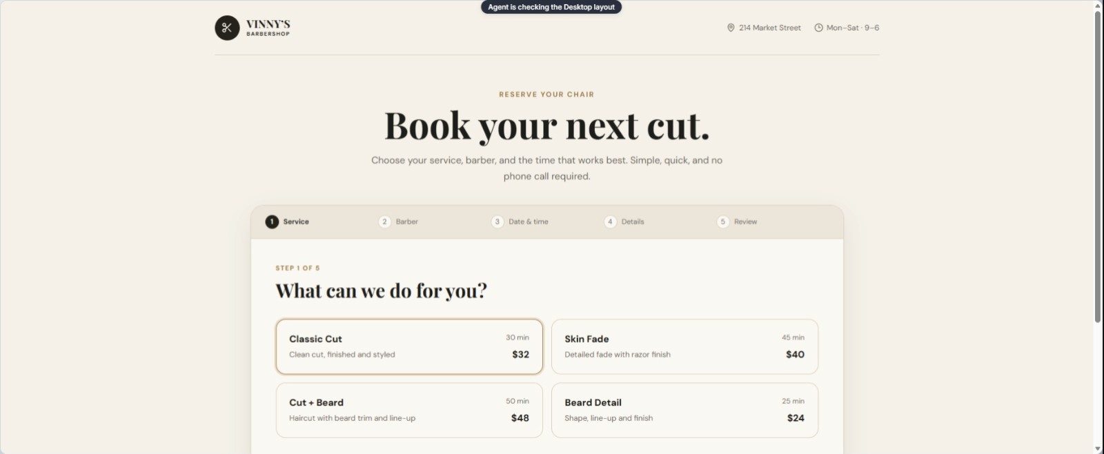 Vinny's Barbershop appointment demo interface